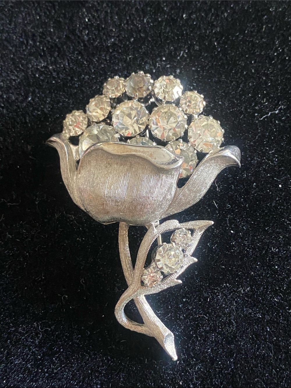 Large Rhinestone Floral Silver-Tone Brooch - Clear Rhinestones